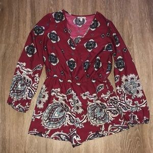 Red Multicolor Print Long Sleeve Romper